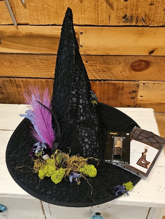 Spirit Other - Custom Black Cobweb Lace Witch Hat w/Frogs & Moss, Black Lipstick & Arm Warmers